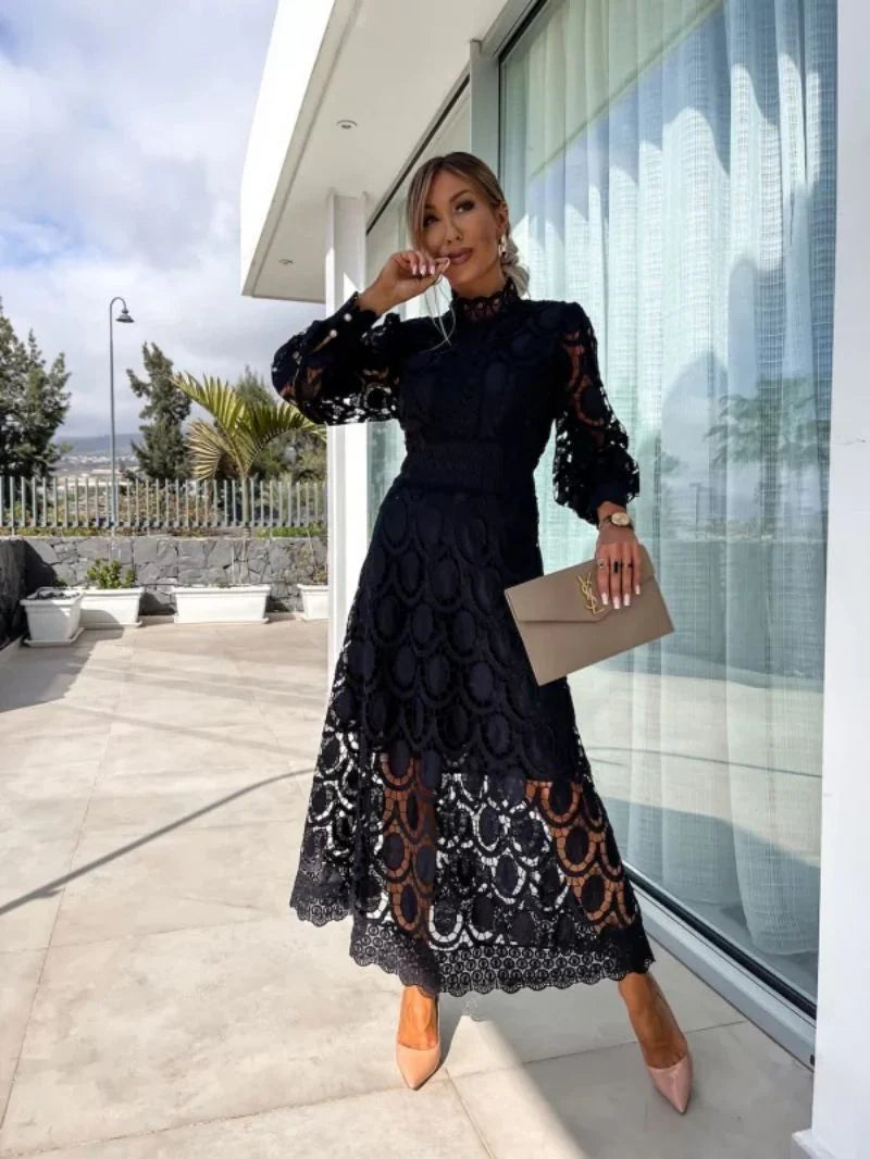 Arabella | Women’s Mock Neck Long Puff Sleeve Midi Dress