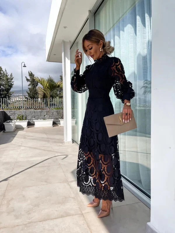 Arabella | Women’s Mock Neck Long Puff Sleeve Midi Dress