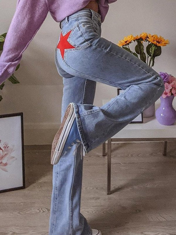 Arlene | Women's Star Patch High Waisted Flare Leg Blue Jeans