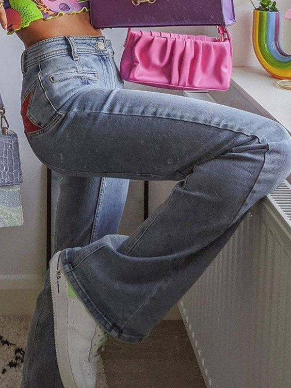 Arlene | Women's Star Patch High Waisted Flare Leg Blue Jeans