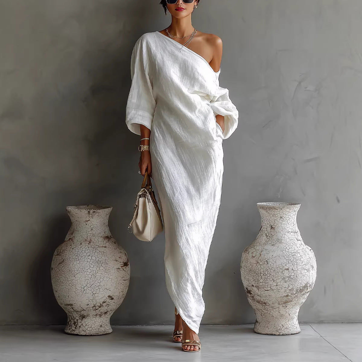 Armina | Women’s One Shoulder Lantern Sleeve Maxi Dress