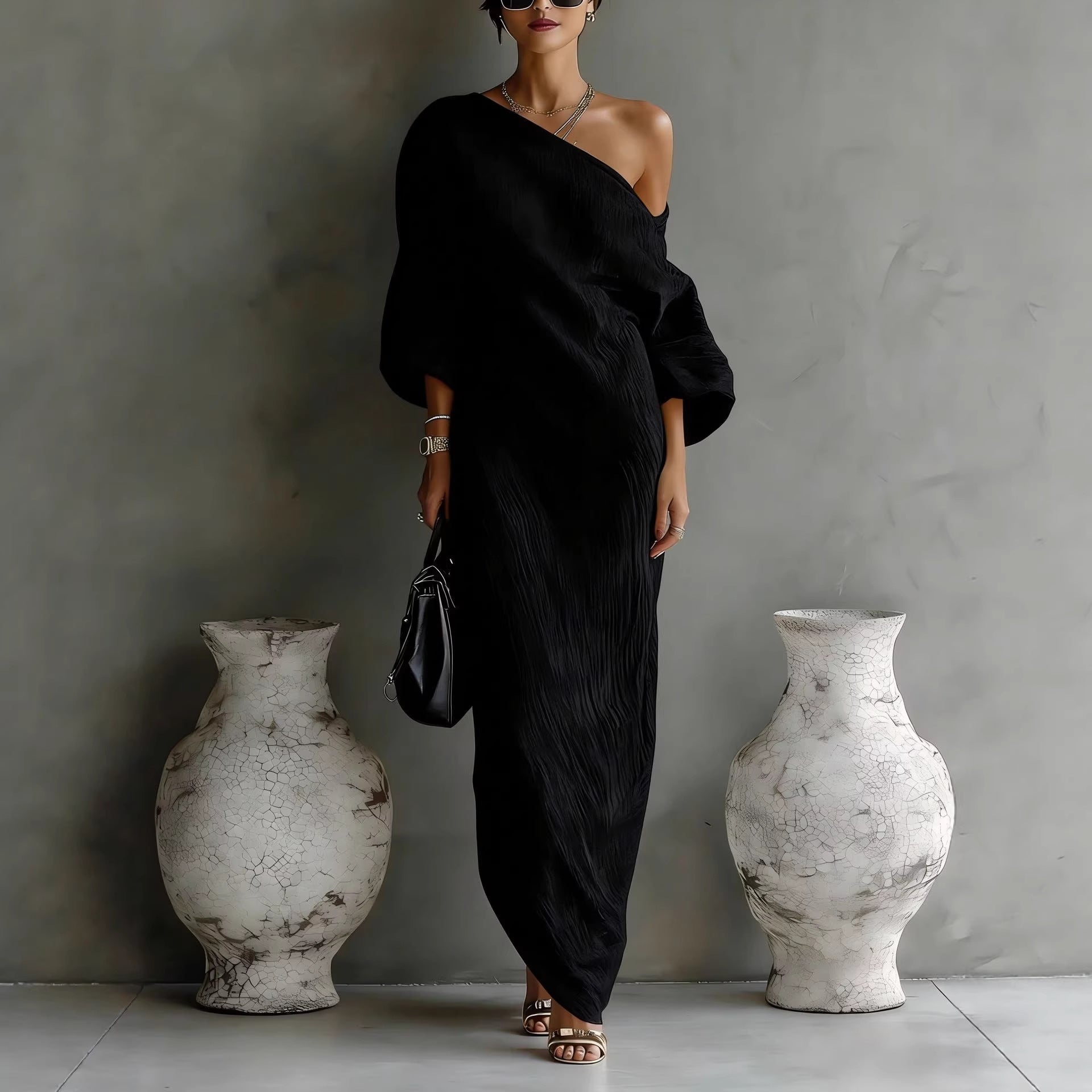 Armina | Women’s One Shoulder Lantern Sleeve Maxi Dress