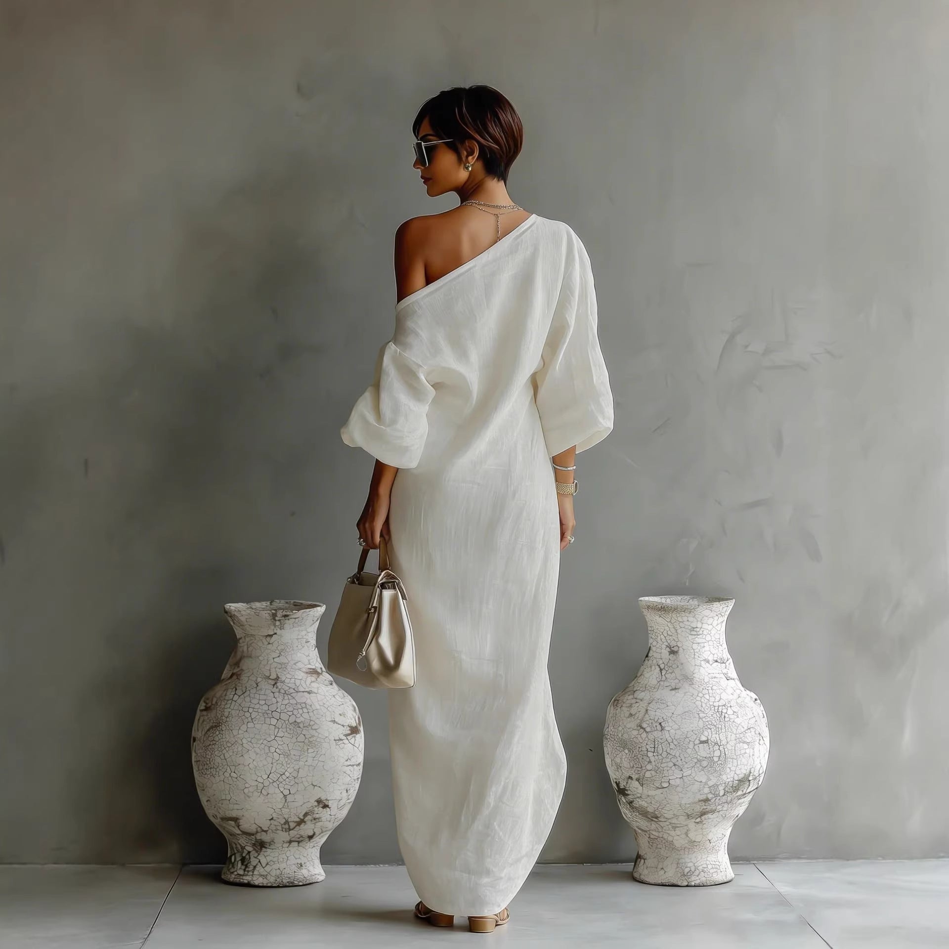 Armina | Women’s One Shoulder Lantern Sleeve Maxi Dress