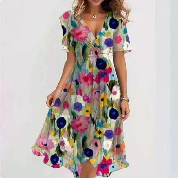 Ashley | Women's Short Sleeve V Neck Floral Midi Dress