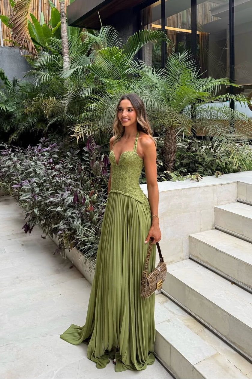 Audrey | Women’s Corset Halter Neck Green Wedding Guest Dress