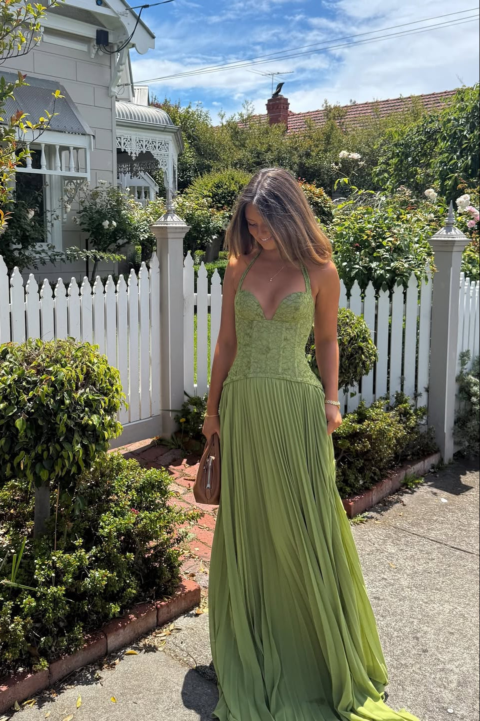 Audrey | Women’s Corset Halter Neck Green Wedding Guest Dress