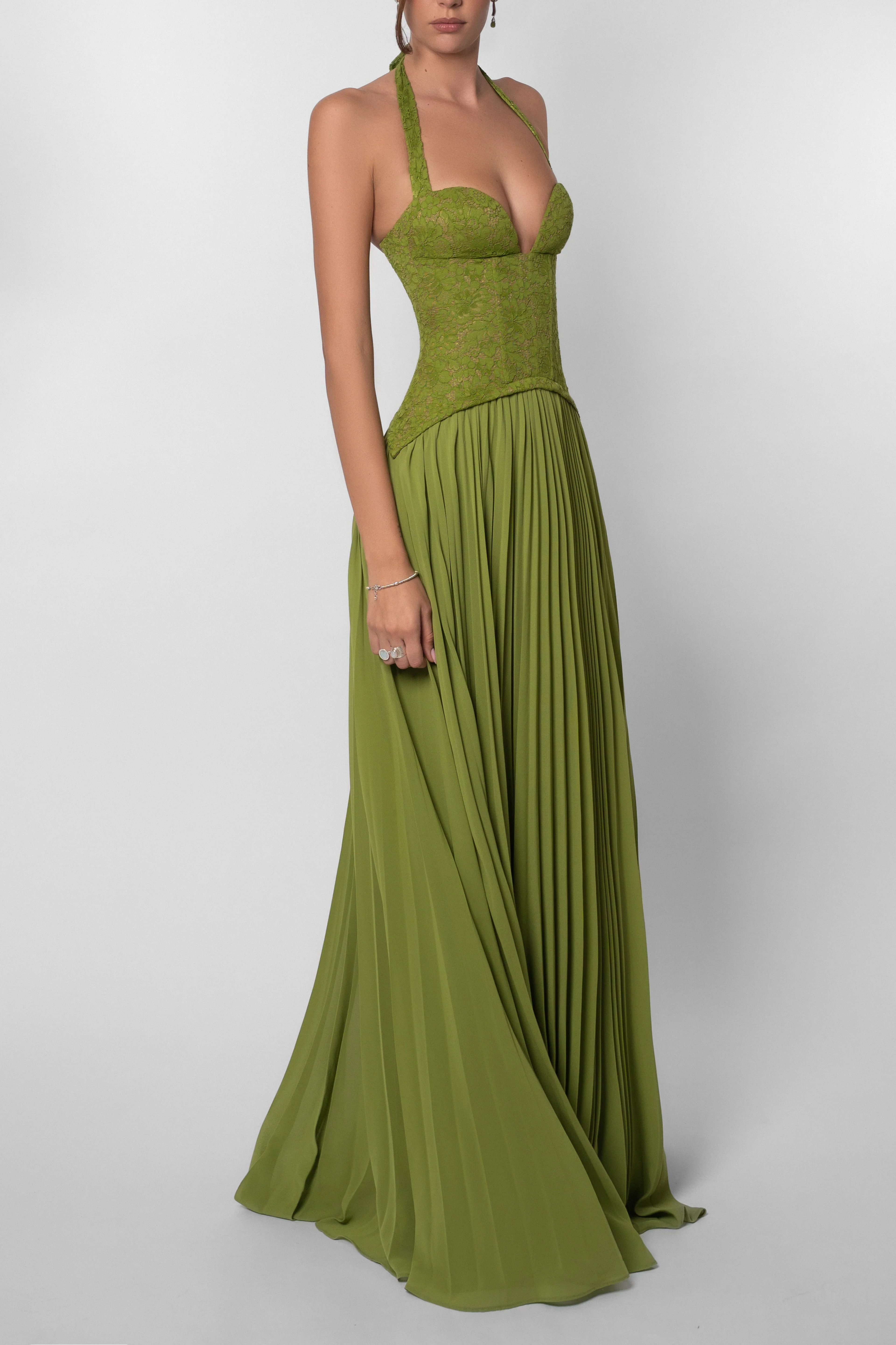 Audrey | Women’s Corset Halter Neck Green Wedding Guest Dress