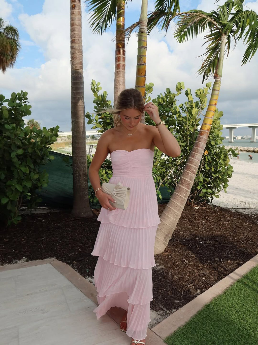 Ava | Women’s Pink Flowy Strapless Wedding Guest Maxi Dress