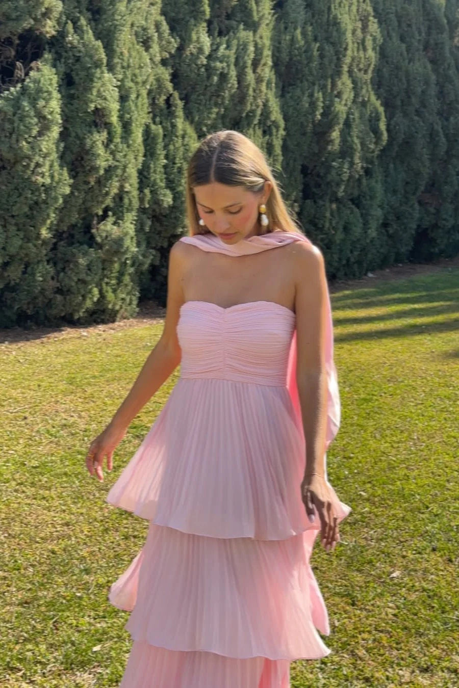 Ava | Women’s Pink Flowy Strapless Wedding Guest Maxi Dress