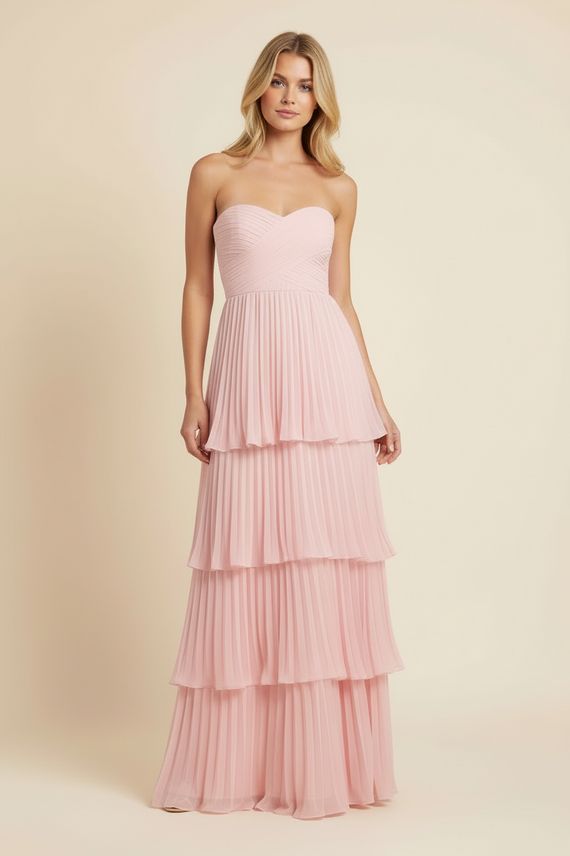 Ava | Women’s Pink Flowy Strapless Wedding Guest Maxi Dress