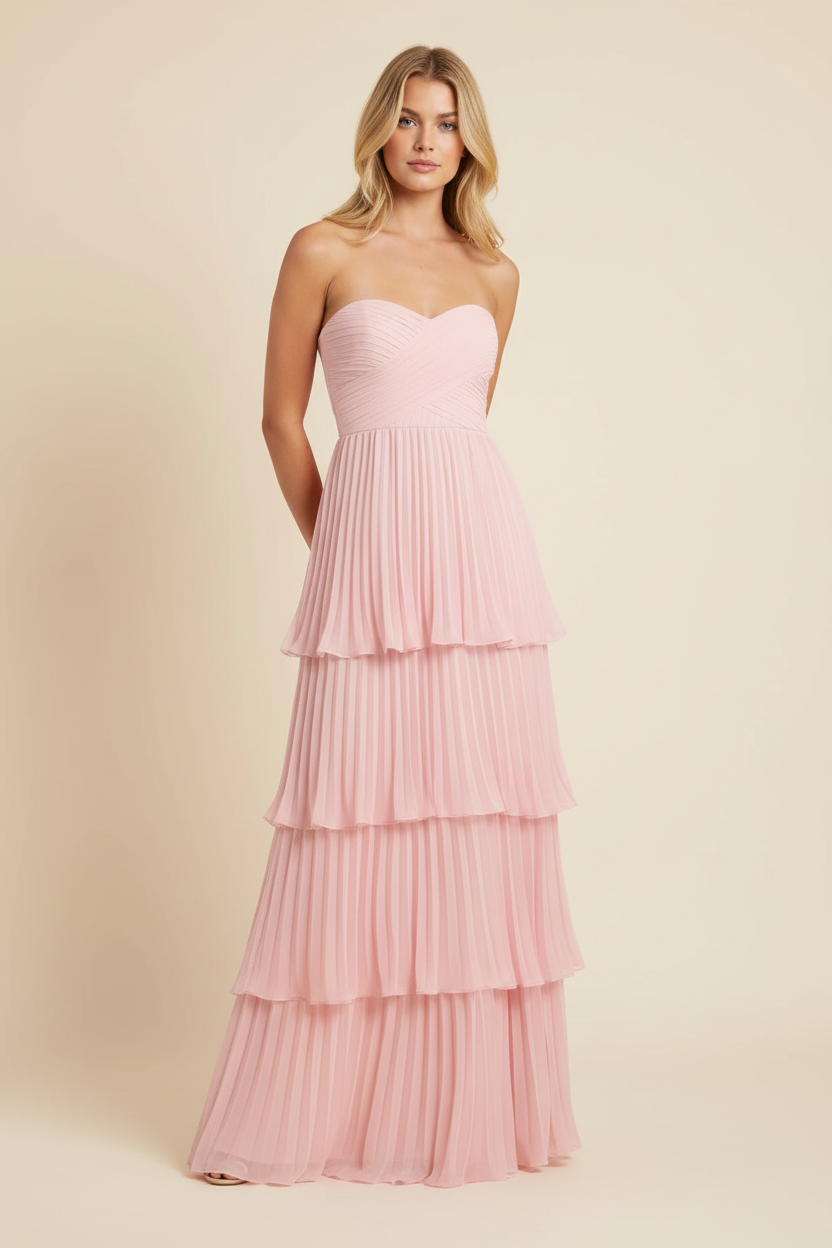 Ava | Women’s Pink Flowy Strapless Wedding Guest Maxi Dress