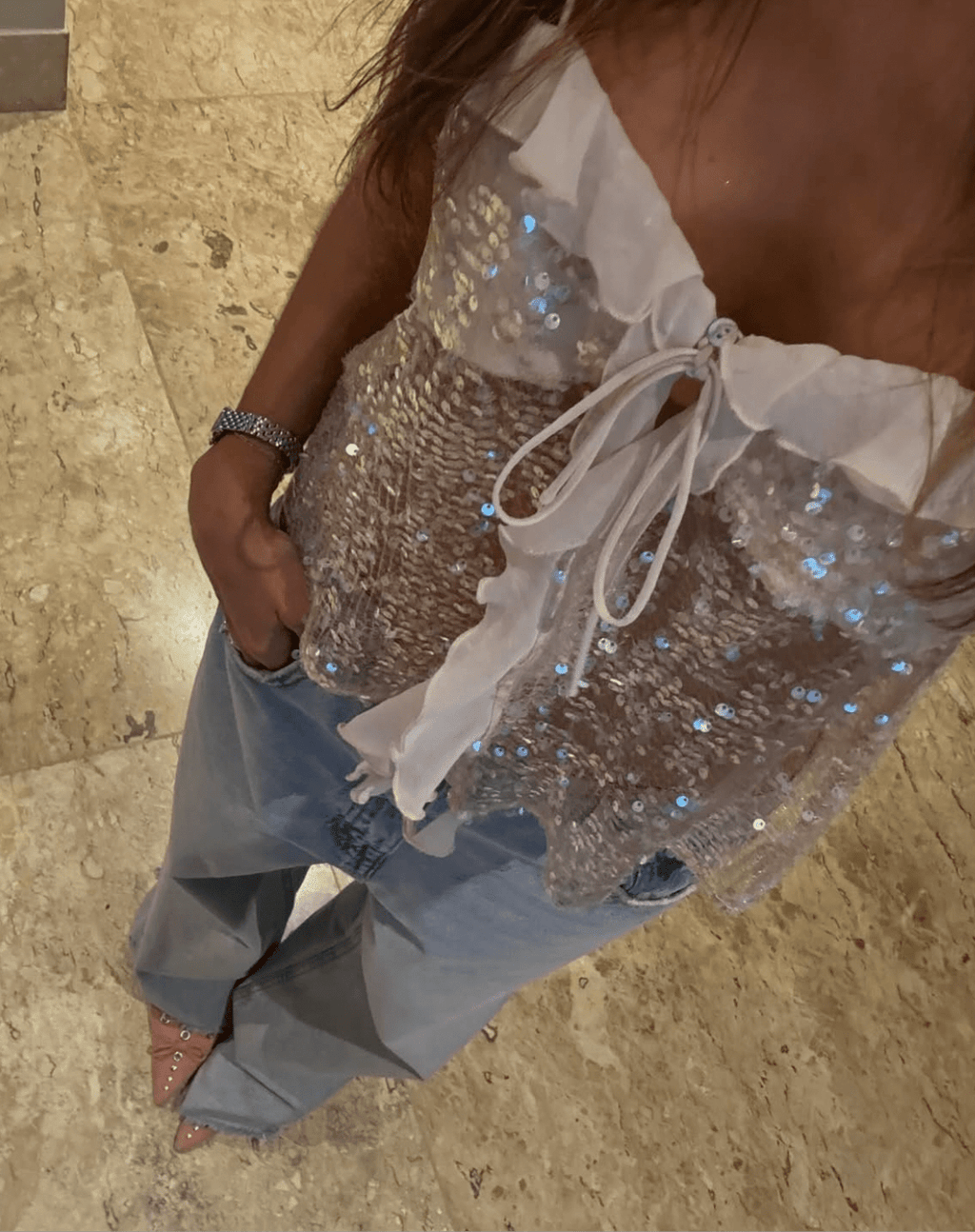 Ayasha | Women's Sequin Sleeveless White Summer Top