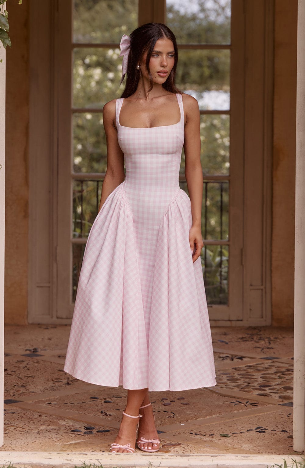 Ayesha | Women’s Square Neck Gingham Pattern Corset Midi Dress