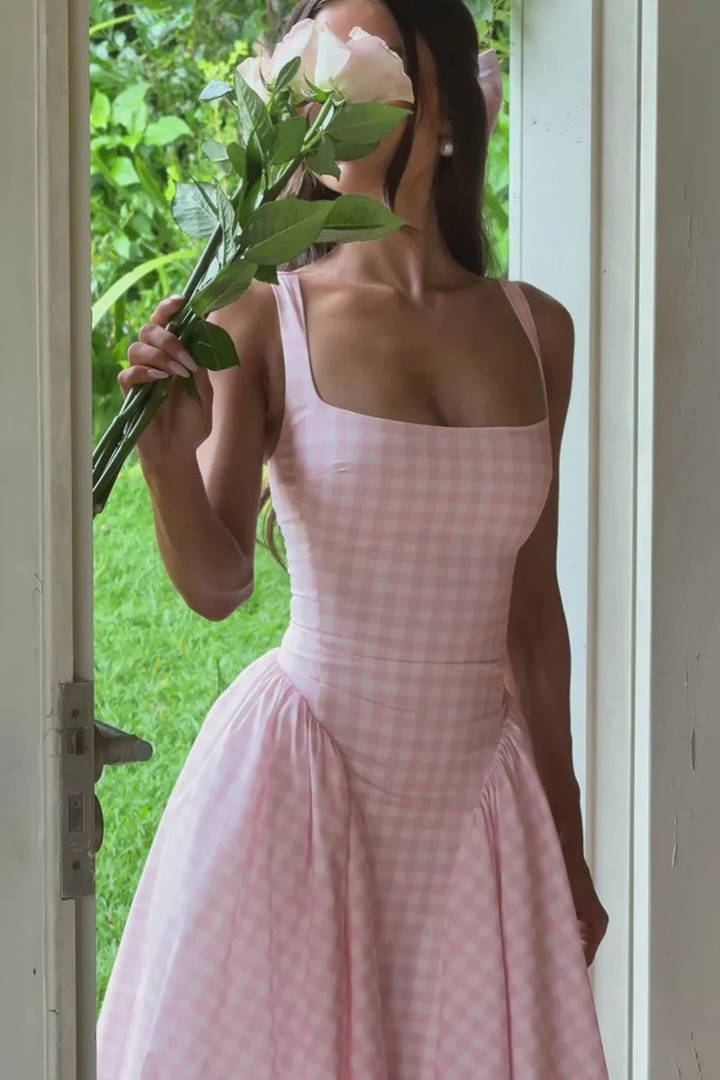 Ayesha | Women’s Square Neck Gingham Pattern Corset Midi Dress