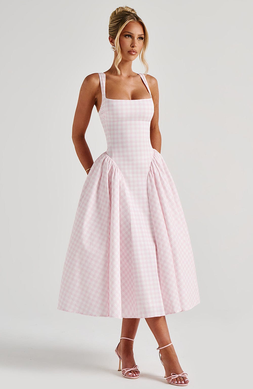 Ayesha | Women’s Square Neck Gingham Pattern Corset Midi Dress