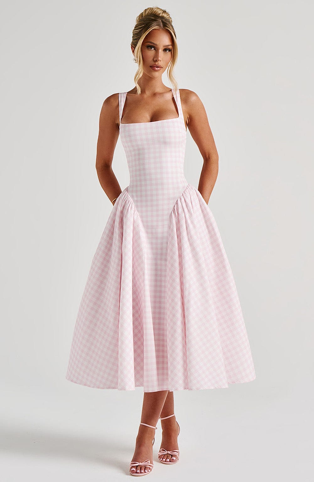 Ayesha | Women’s Square Neck Gingham Pattern Corset Midi Dress