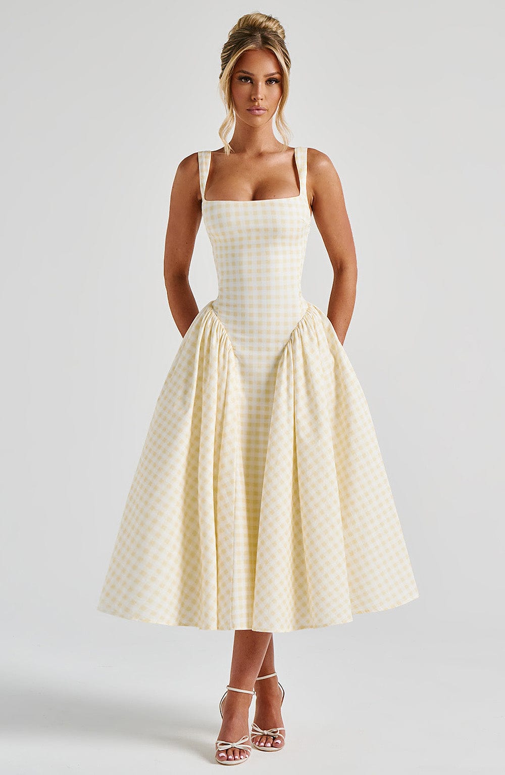 Ayesha | Women’s Square Neck Gingham Pattern Corset Midi Dress