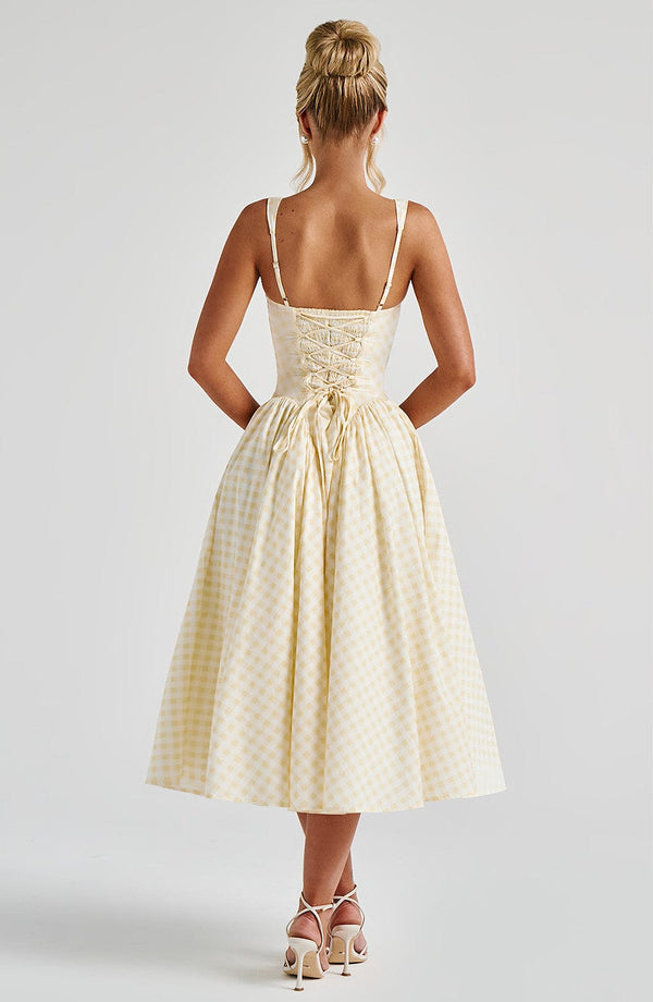 Ayesha | Women’s Square Neck Gingham Pattern Corset Midi Dress