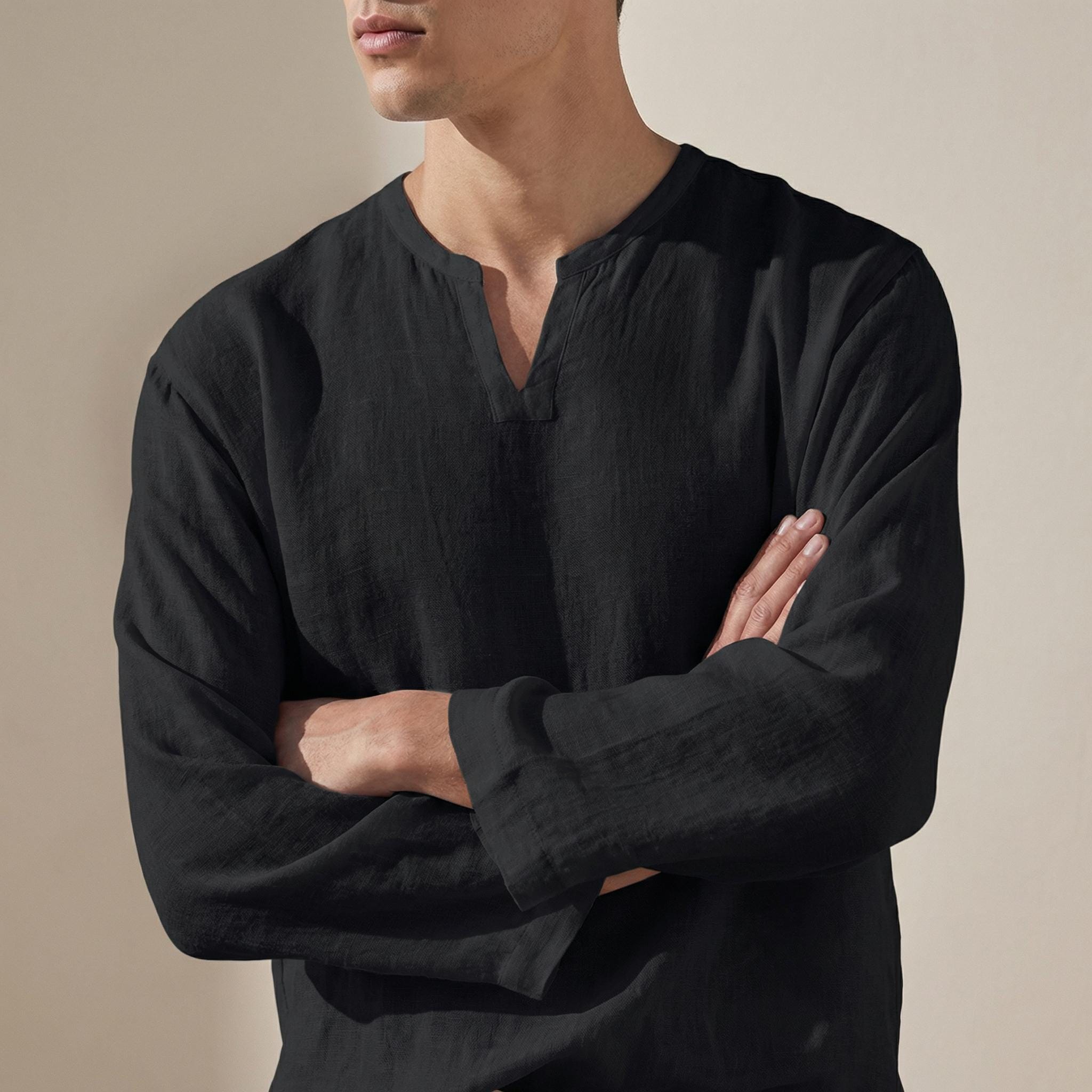 Bellamy | Men's Collarless Long Sleeve Split Neck Shirt