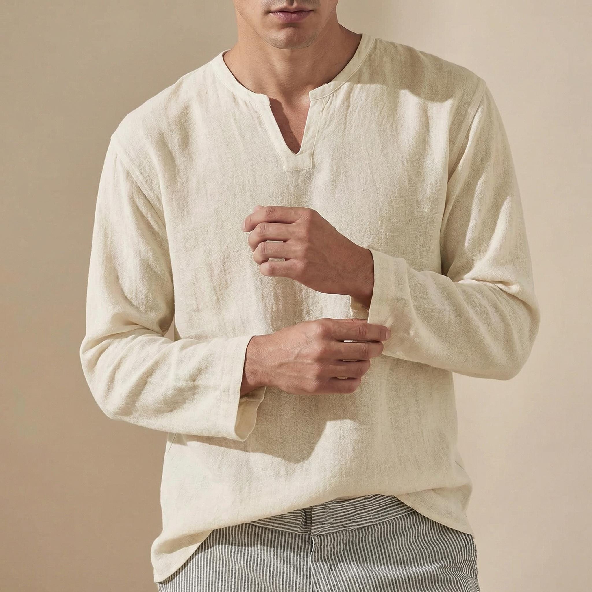 Bellamy | Men's Collarless Long Sleeve Split Neck Shirt