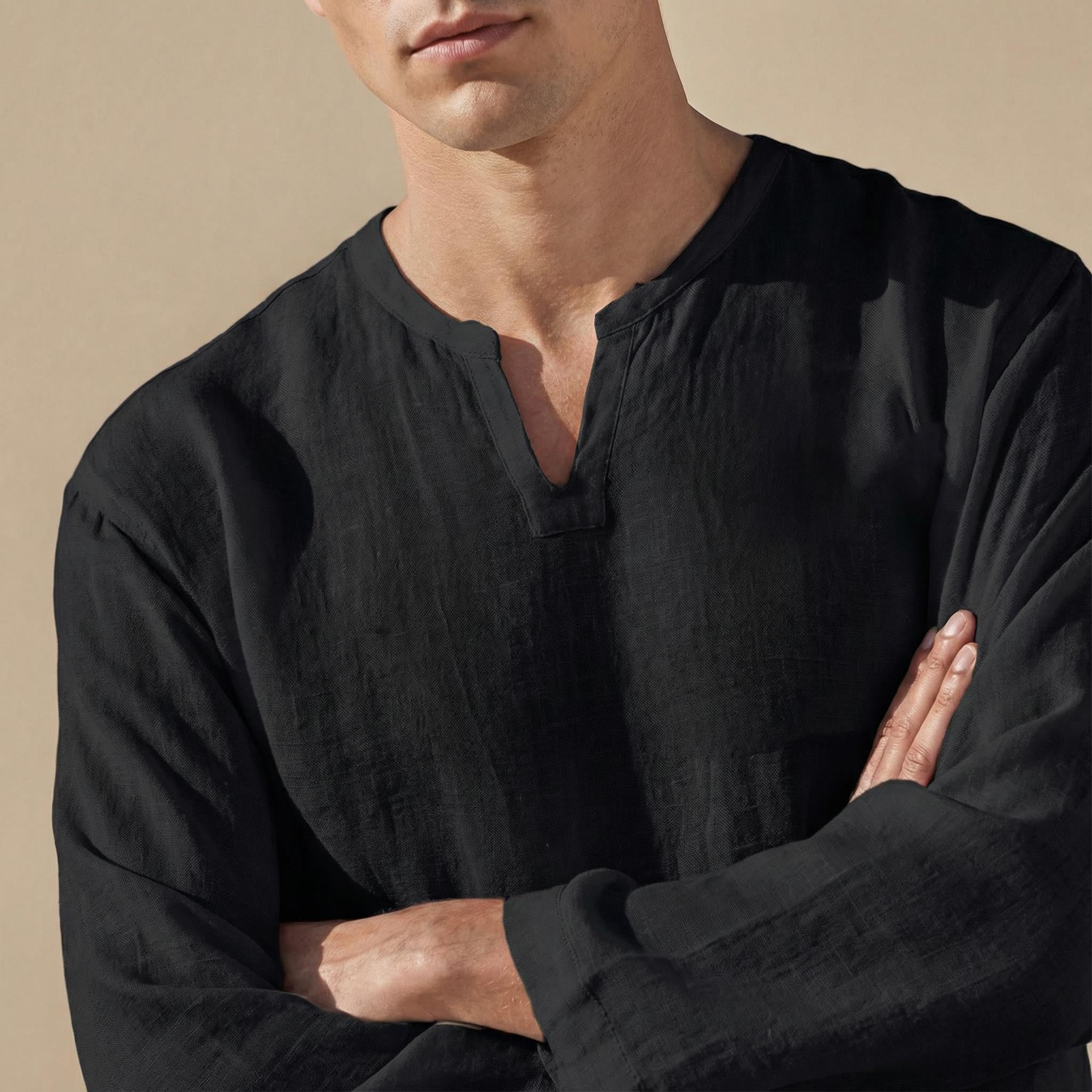 Bellamy | Men's Collarless Long Sleeve Split Neck Shirt
