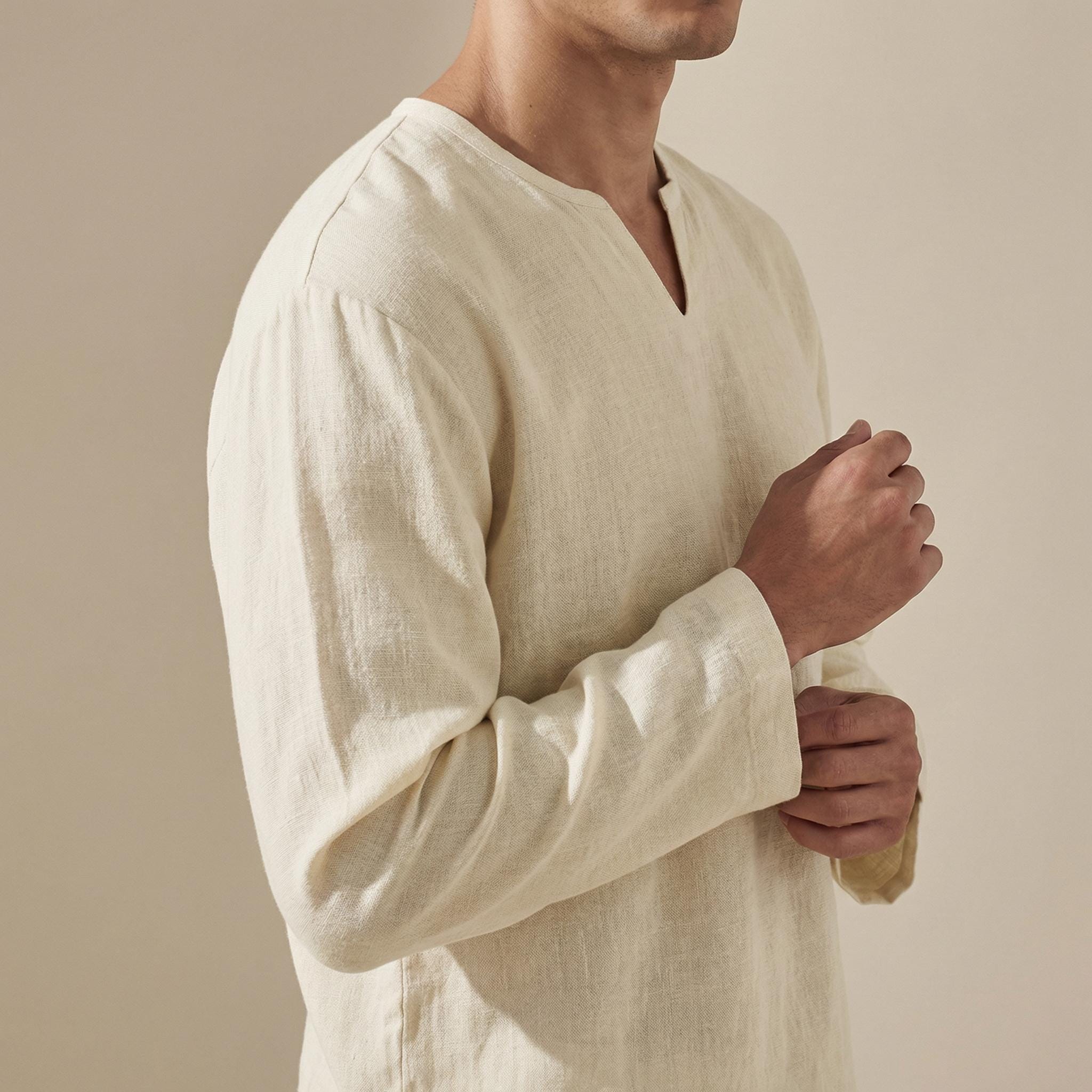 Bellamy | Men's Collarless Long Sleeve Split Neck Shirt