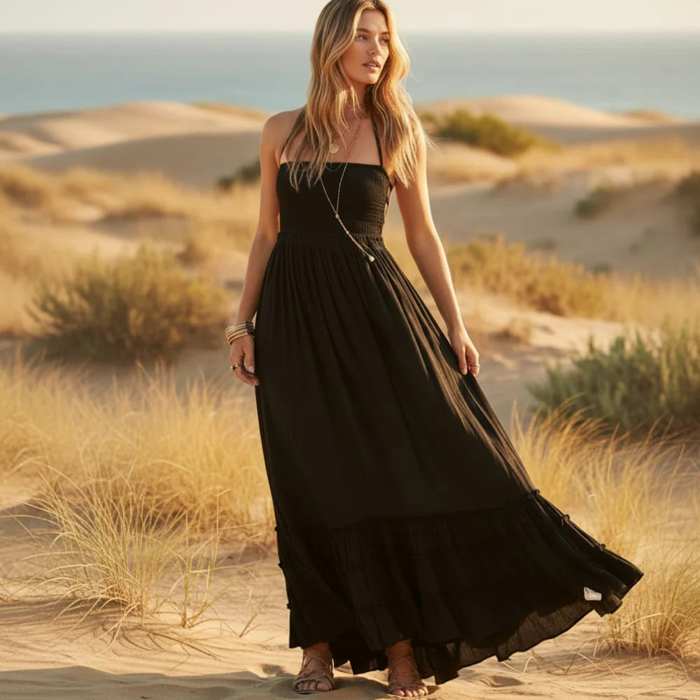 Branwen | Women's Ruffle Open Back Halter Neck Sleeveless Maxi Dress