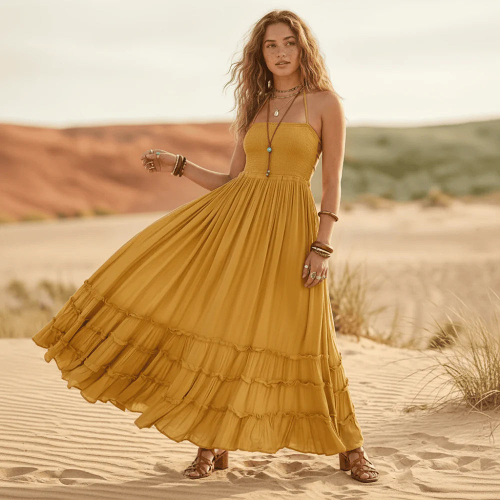 Branwen | Women's Ruffle Open Back Halter Neck Sleeveless Maxi Dress