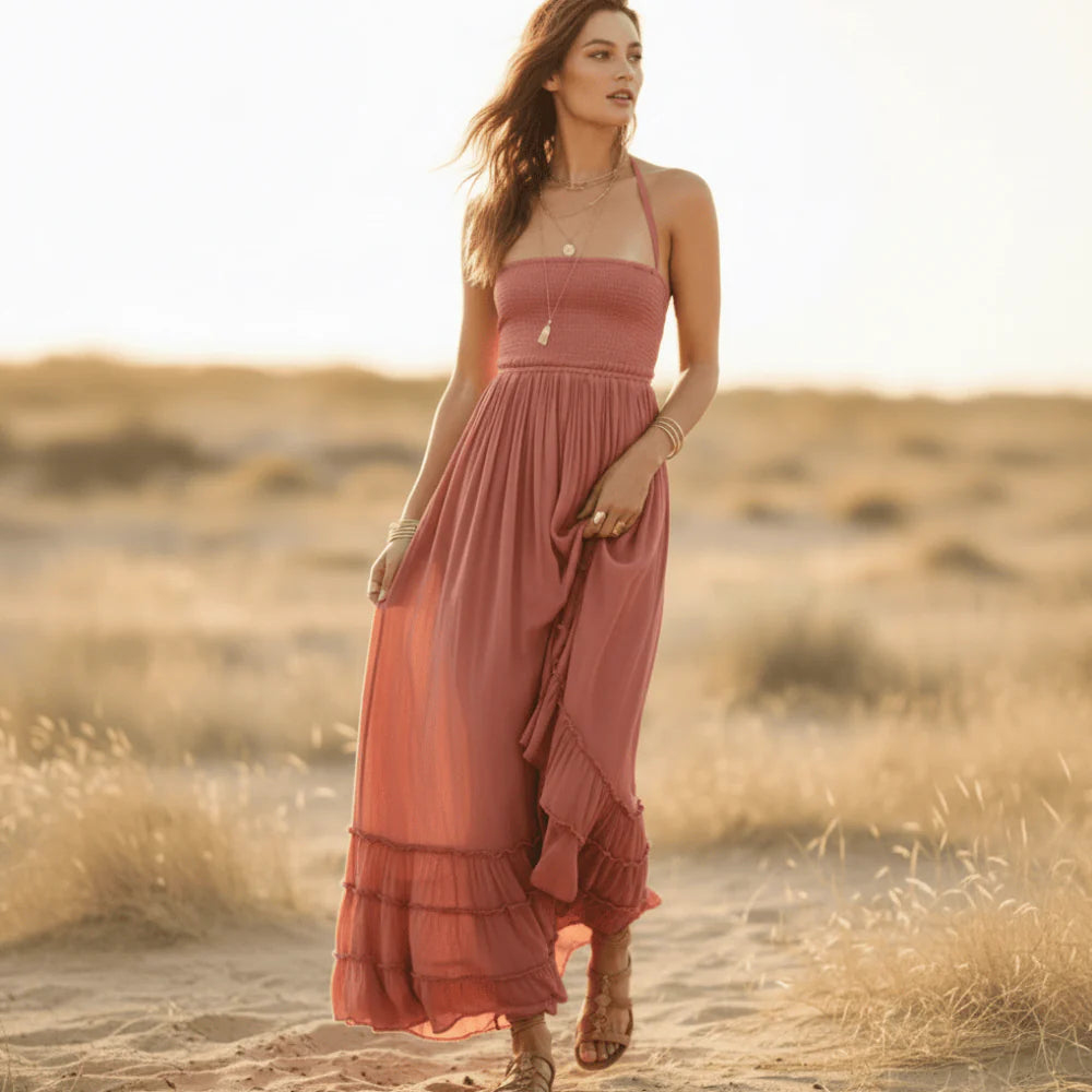 Branwen | Women's Ruffle Open Back Halter Neck Sleeveless Maxi Dress