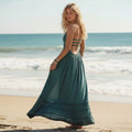 Branwen | Women's Ruffle Open Back Halter Neck Sleeveless Maxi Dress