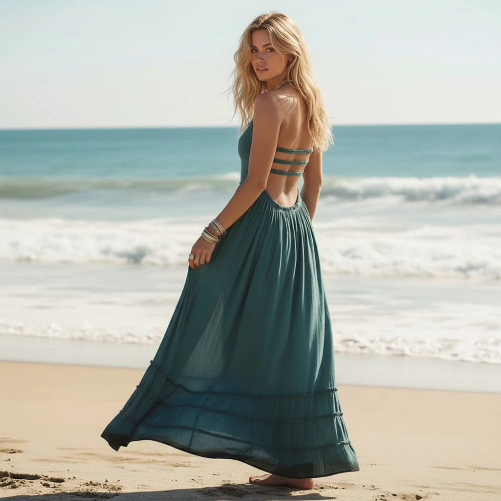 Branwen | Women's Ruffle Open Back Halter Neck Sleeveless Maxi Dress