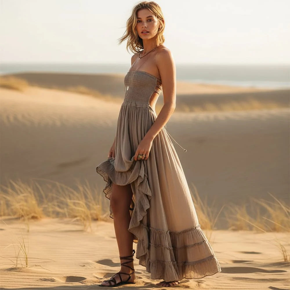 Branwen | Women's Ruffle Open Back Halter Neck Sleeveless Maxi Dress