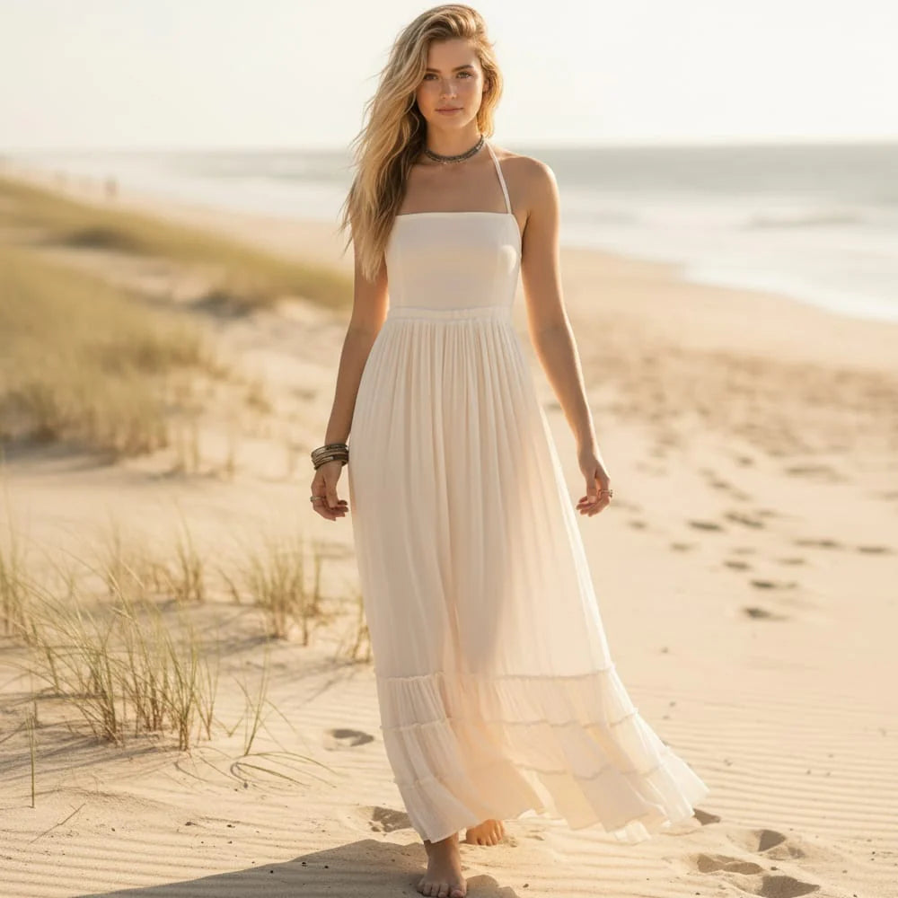 Branwen | Women's Ruffle Open Back Halter Neck Sleeveless Maxi Dress
