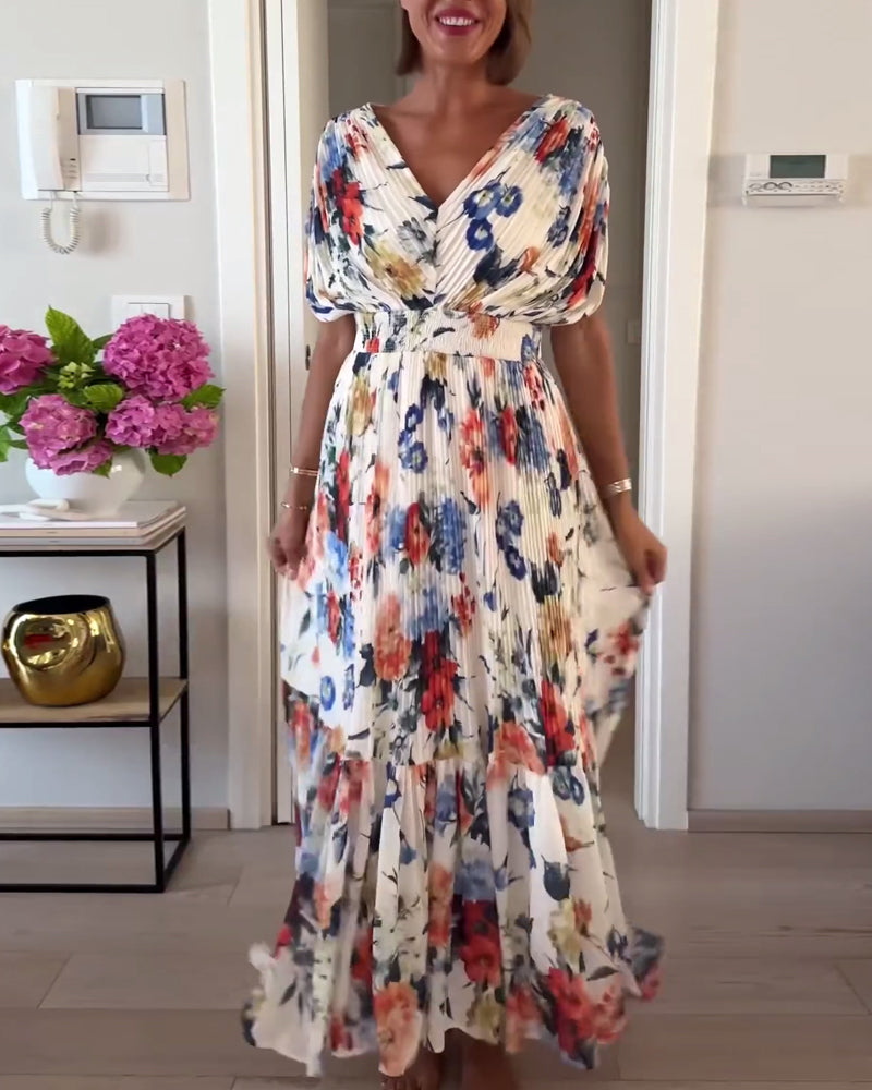 Bryn | Women’s Floral V Neck Pleated Flutter Sleeve Maxi Dress