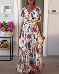 Bryn | Women’s Floral V Neck Pleated Flutter Sleeve Maxi Dress
