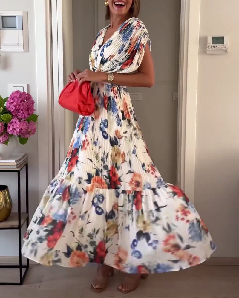 Bryn | Women’s Floral V Neck Pleated Flutter Sleeve Maxi Dress