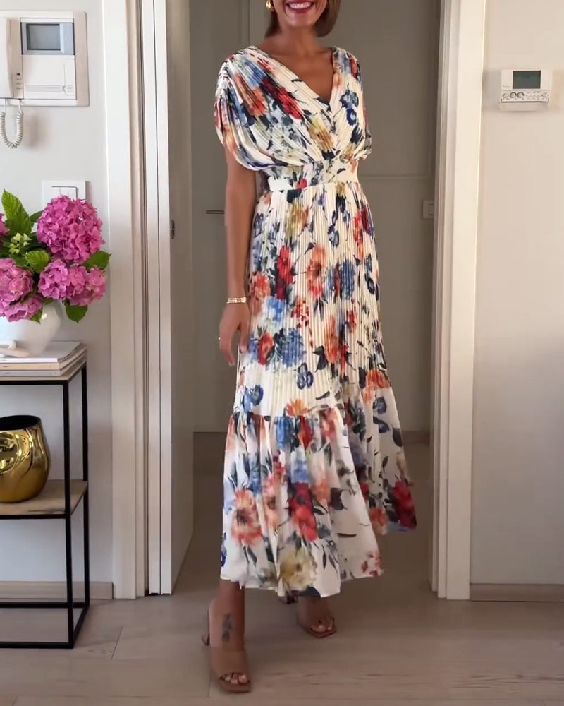 Bryn | Women’s Floral V Neck Pleated Flutter Sleeve Maxi Dress