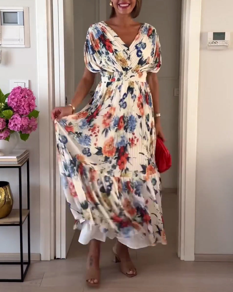 Bryn | Women’s Floral V Neck Pleated Flutter Sleeve Maxi Dress