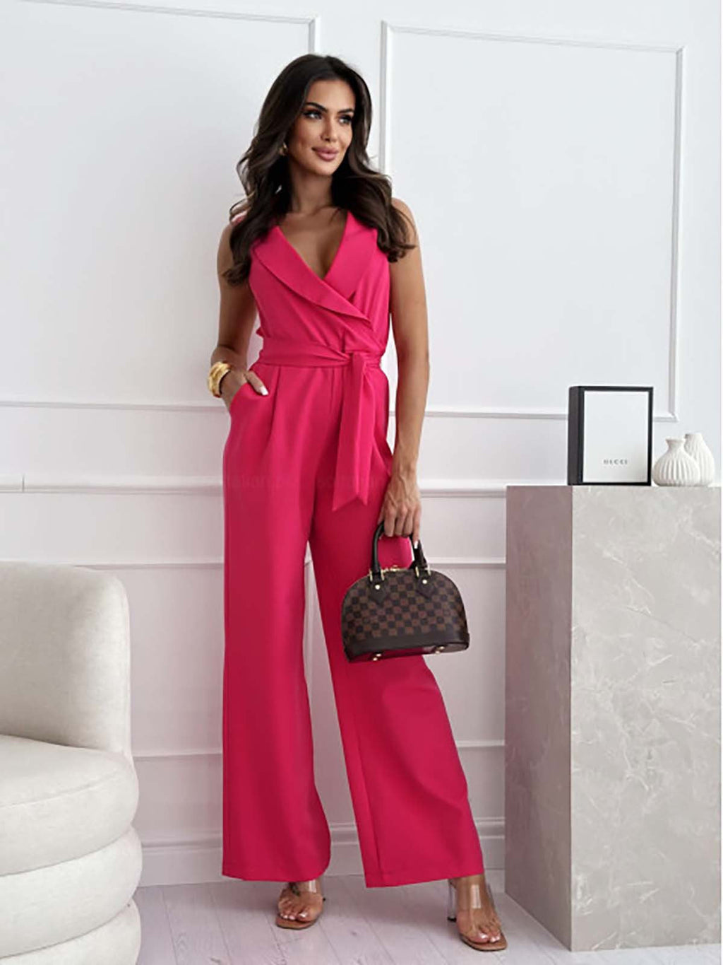 Camille | Women’s V Neck Sleeveless Waist Tie Jumpsuit