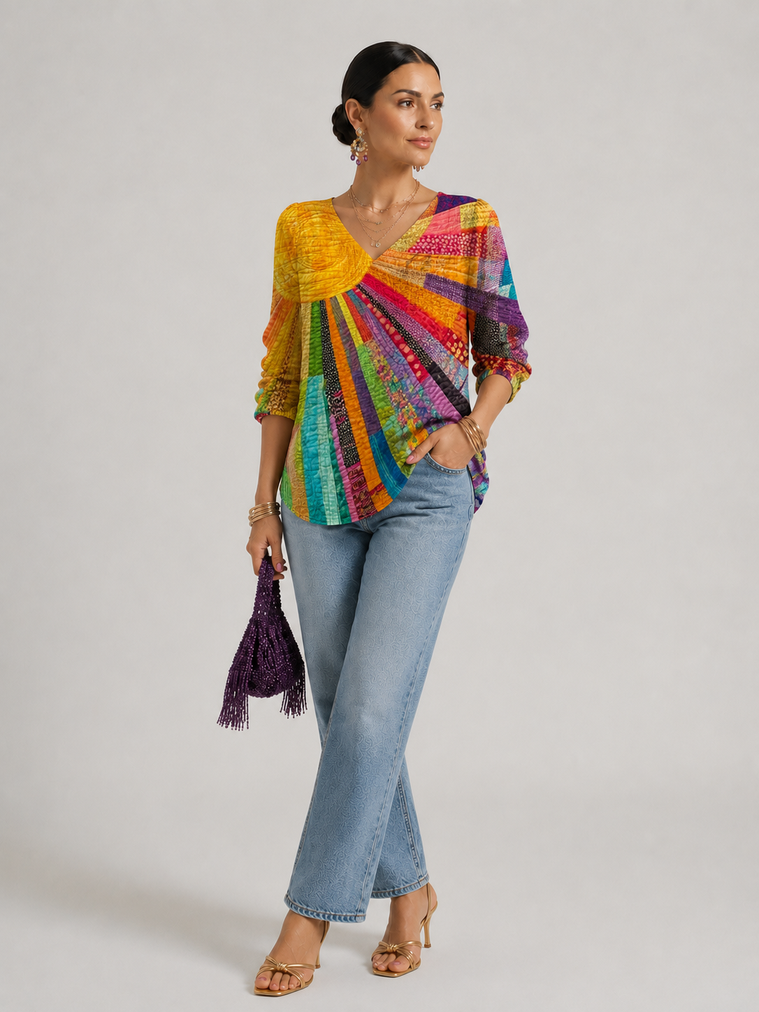 Caoilfhinn | Women's Patchwork Sunburst V-Neck Boho Blouse
