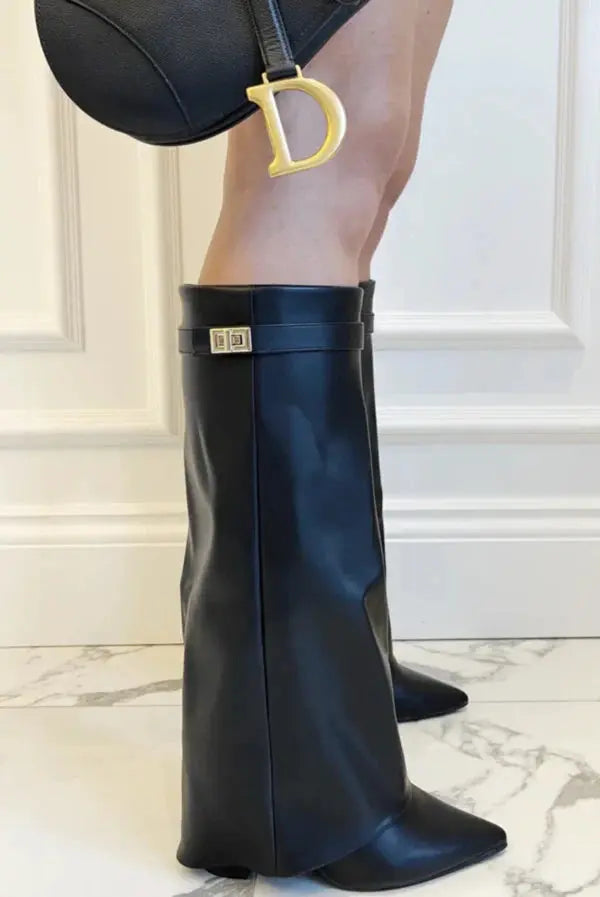 Cara | Women’s Pointed Toe Knee High Buckle Strap Boots