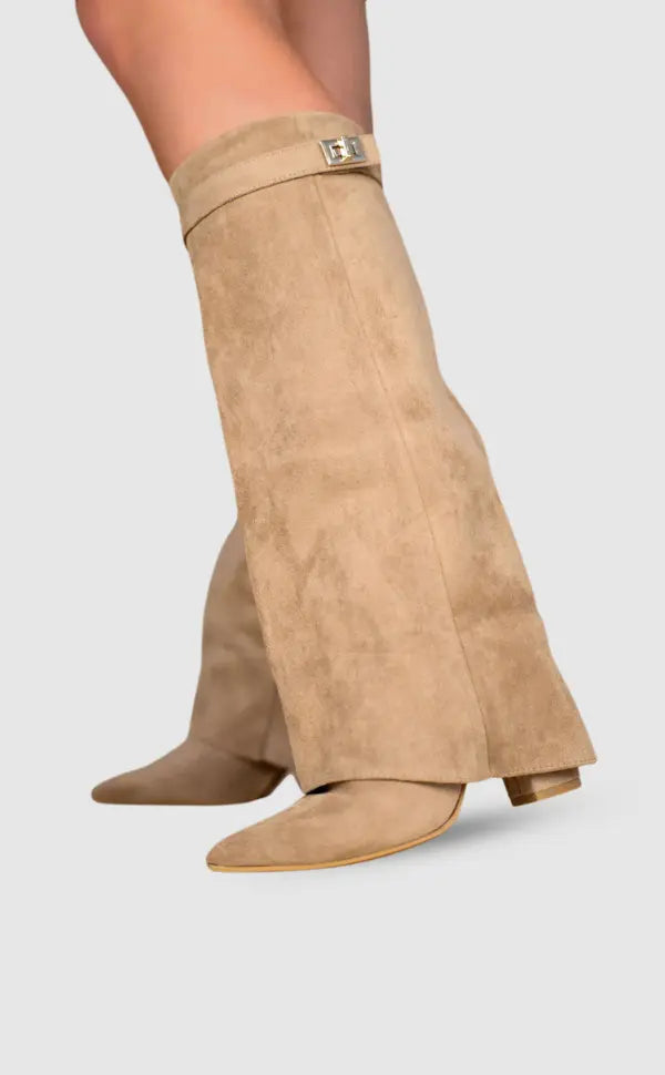 Cara | Women’s Pointed Toe Knee High Buckle Strap Boots