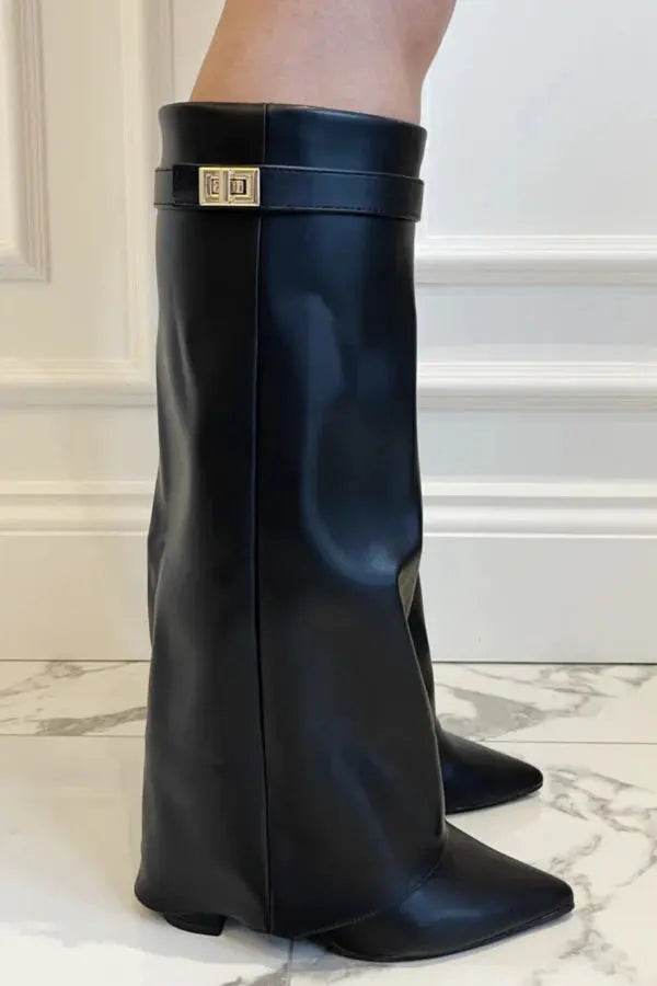 Cara | Women’s Pointed Toe Knee High Buckle Strap Boots