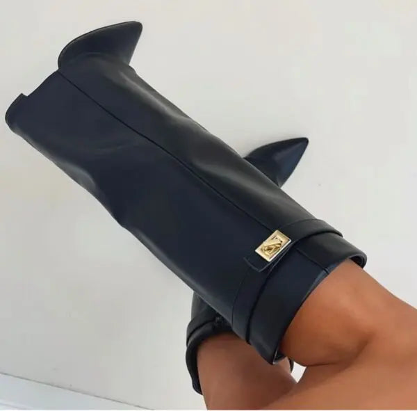 Cara | Women’s Pointed Toe Knee High Buckle Strap Boots