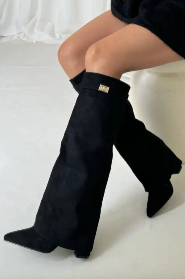 Cara | Women’s Pointed Toe Knee High Buckle Strap Boots