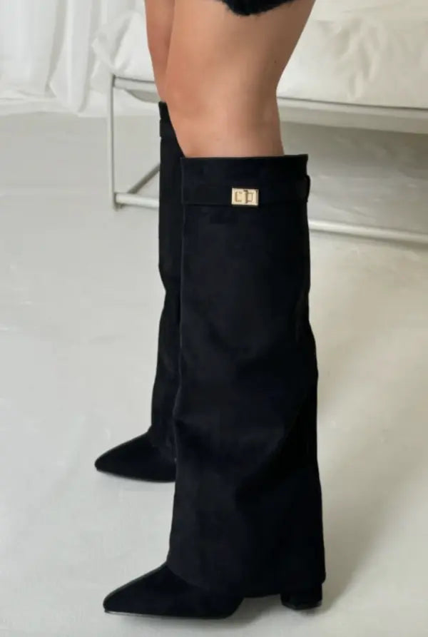 Cara | Women’s Pointed Toe Knee High Buckle Strap Boots