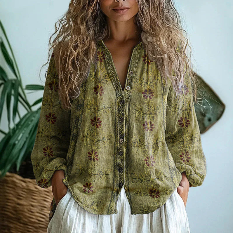 Carly | Women’s Printed V Neck Long Sleeve Summer Blouse