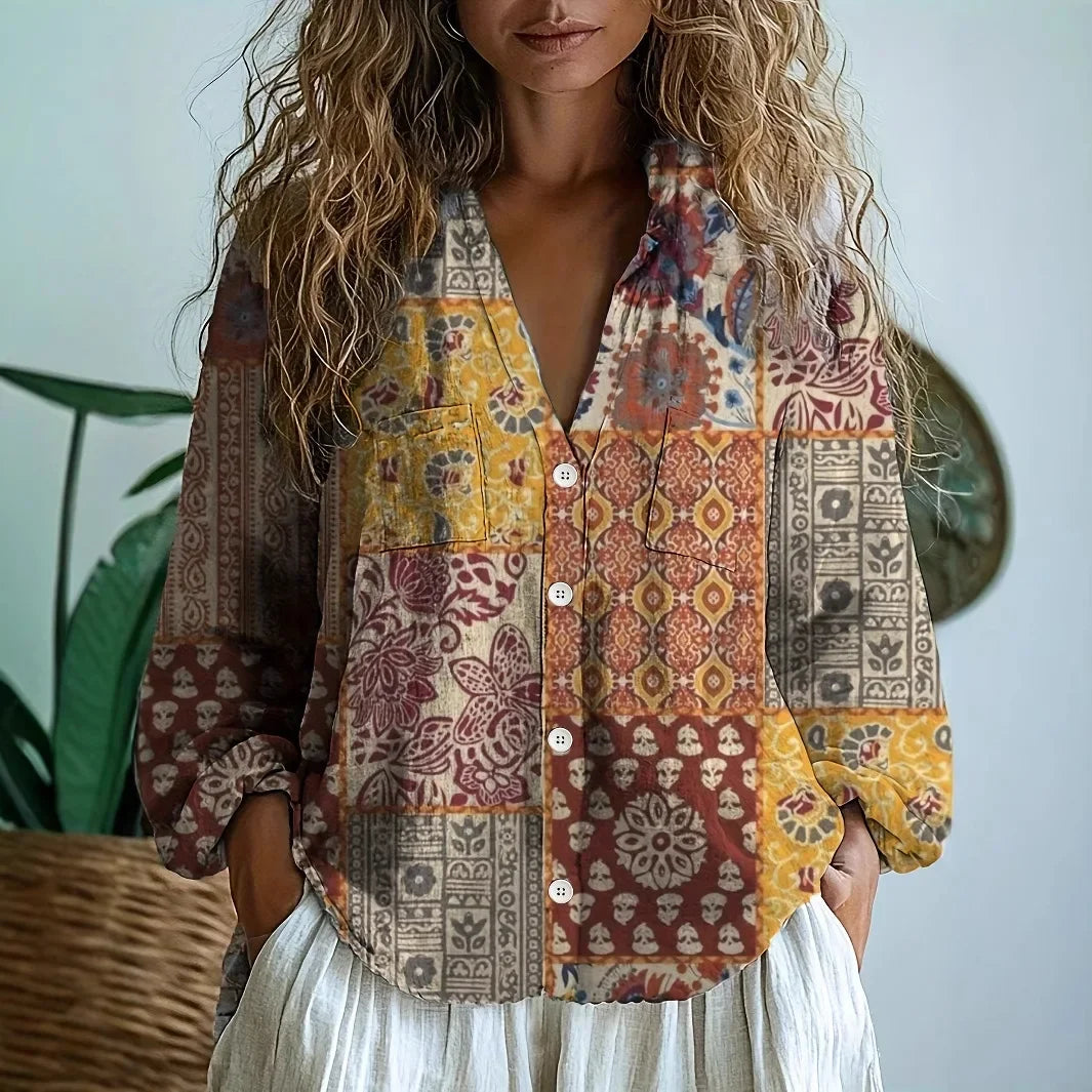 Carly | Women’s Printed V Neck Long Sleeve Summer Blouse