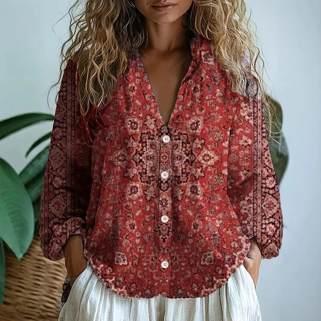 Carly | Women’s Printed V Neck Long Sleeve Summer Blouse
