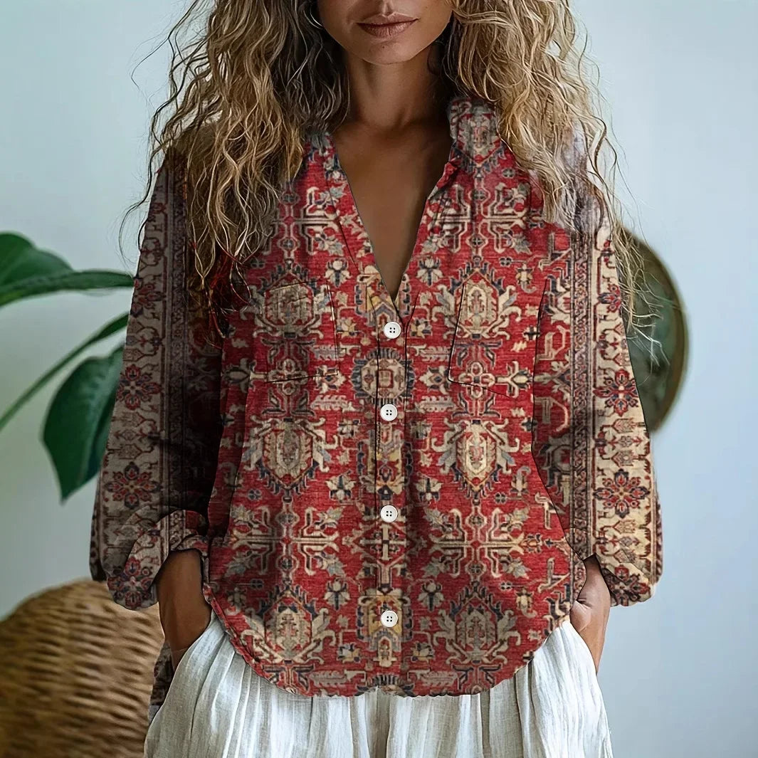 Carly | Women’s Printed V Neck Long Sleeve Summer Blouse